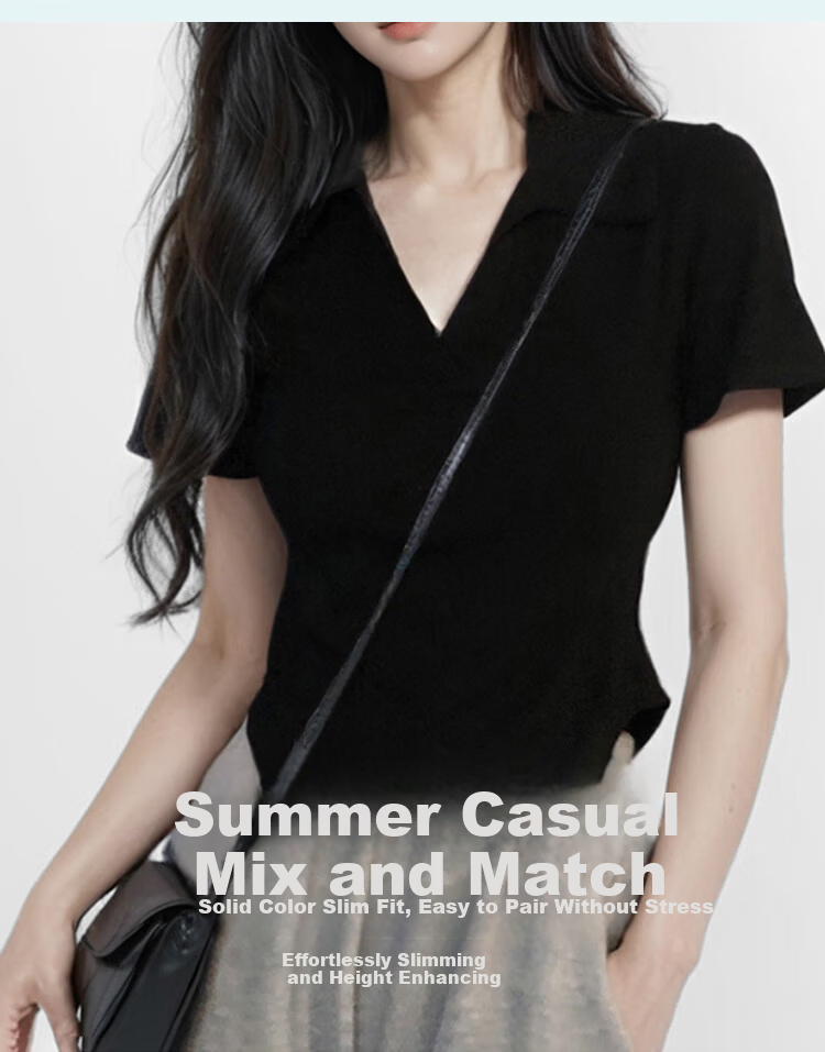 Langsha Women's Short Sleeve V-Neck T-Shirt Summer Fashion Versatile High-End Black Slim Fit Crop Top 9