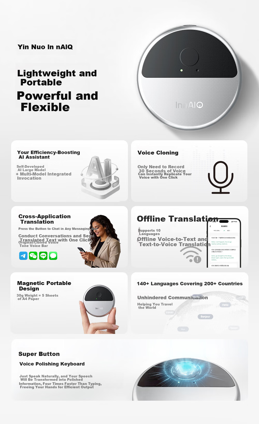 InnAIO Inno AI Key Magnetic Translator T10 [Voice Cloning] Cross-App Simultaneous Multi-Language Real-Time Translator Obsidian Black Portable Travel Essential 6