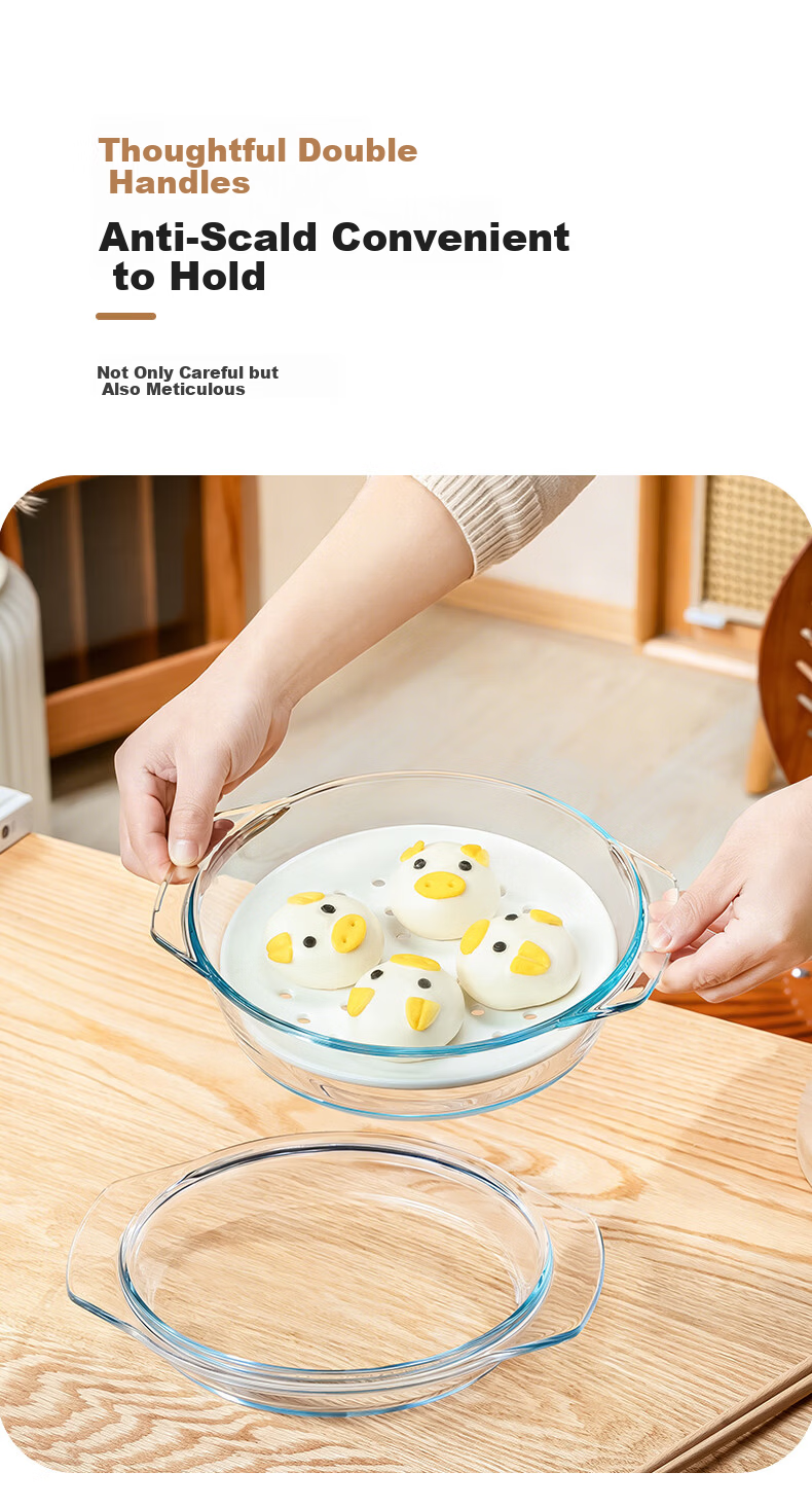 Genas Microwave Oven Special Steaming Bowl Steamer Basket Tray Double-Handle Transparent Heat-Resistant Glass Bowl 1.5L with Lid Soup Noodle Bowl 6