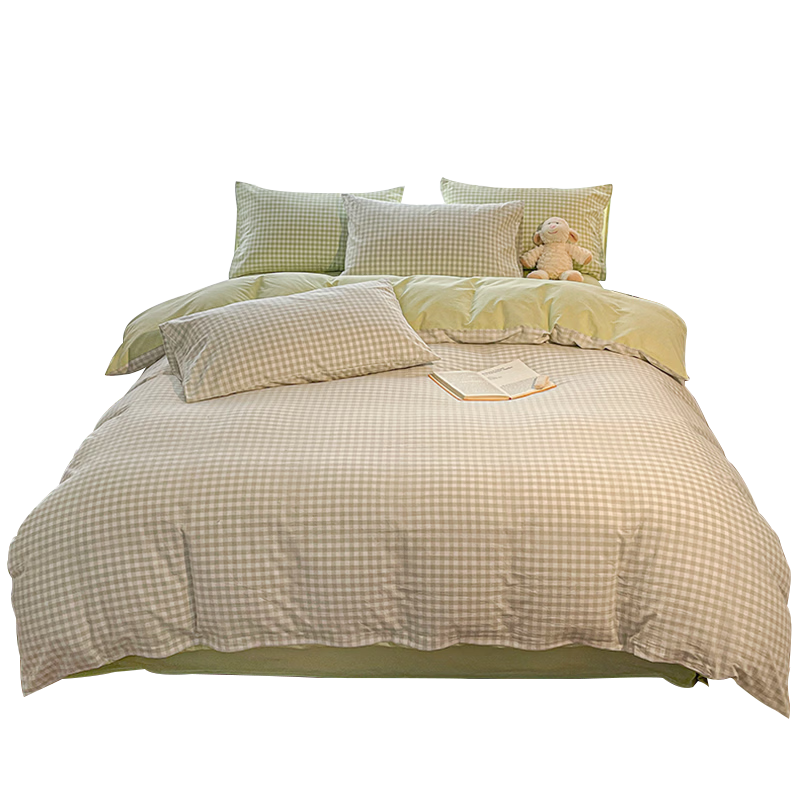 MUJI 100% Cotton 4-Piece Bedding Set Bed Sheet Pillowcase Duvet Cover 200x230cm for 1.5/1.8m Bed - Light Green Plaid
