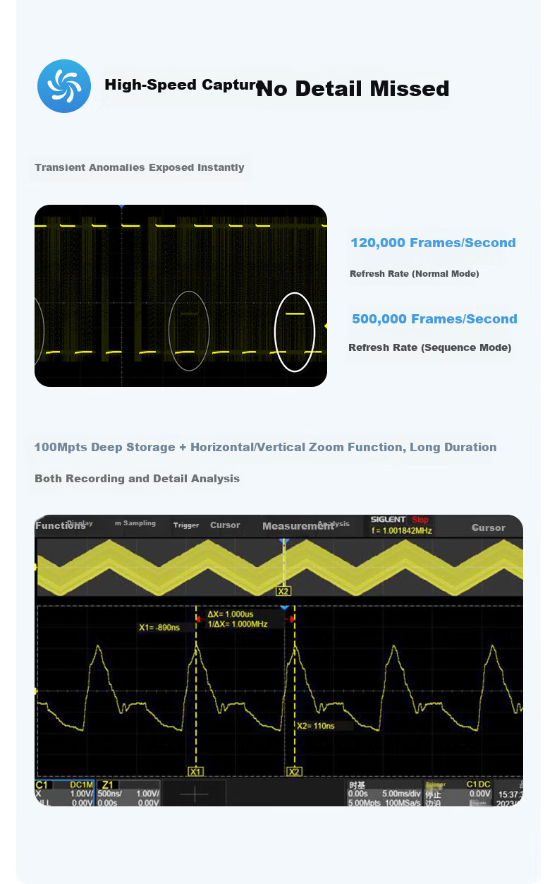 SIGLENT SDS802X HD Oscilloscope 12-bit Resolution 70MHz Bandwidth 2 Channels 2GSa/s Sampling Rate 7