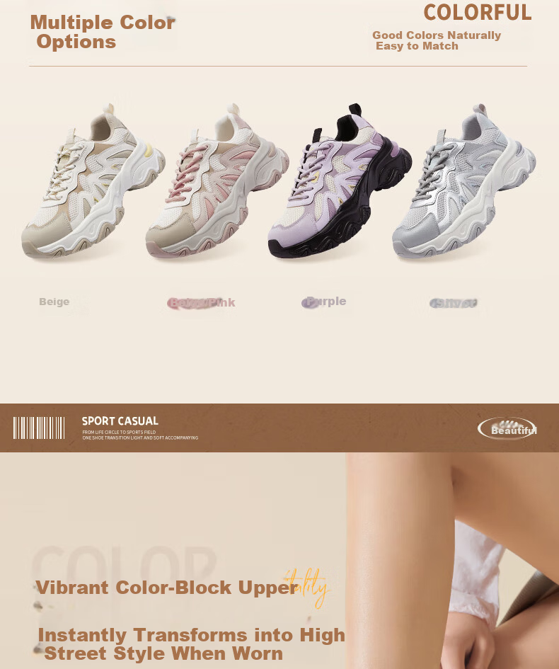 CAMEL Fishbone Shoes 2nd Generation Colorblock Dad Sneakers Thick Sole Sports Casual Shoes L26S283153 Silver Size 36 4