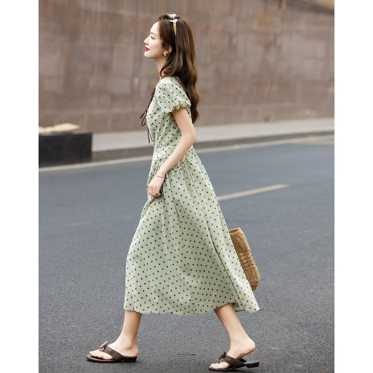 Demana Oxygen Pure Cotton Summer Sweet Polka Dot Colorblock Tie V-Neck Puff Sleeve Waist-Cinched Dress for Women Premium Quality