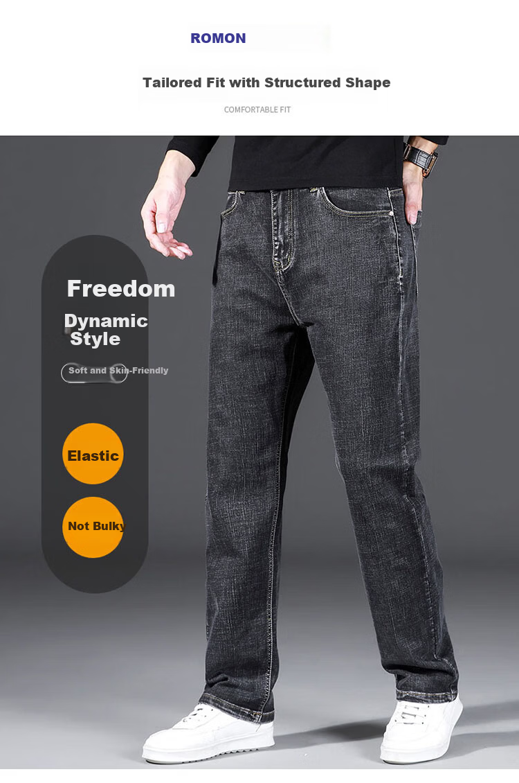 ROMON Men's Jeans, Spring And Summer Straight-Leg Loose Casual Pants, Versatile Business Trousers for Men, Blue-Gray, Size 28 3