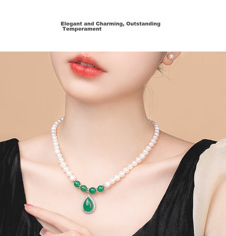 Lao Feng Xiang Pearl Necklace and Bracelet Set with Chalcedony Silver Pendant for Women Elderly Birthday Anniversary Gift for Wife and Mom 12