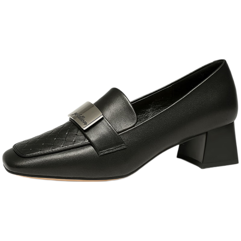 Goldlion Women's Shoes, Comfortable Chunky Heel, Commuter Sheepskin Loafers, Retro Square Toe Deep-Mouthed Flats, G686510176, Black, Size 37