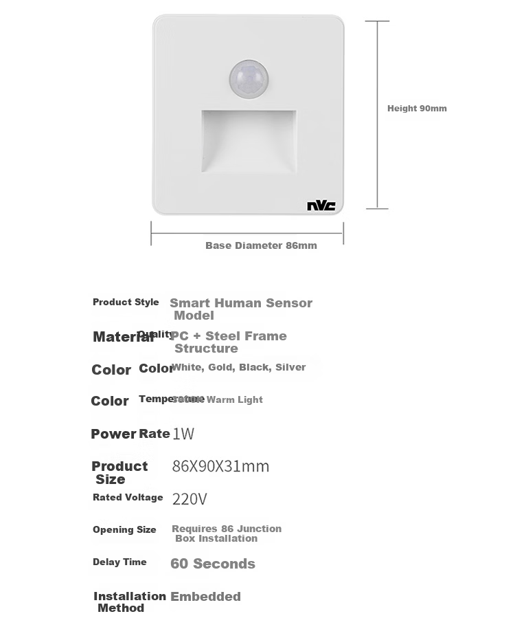 NVC Human Sensor Smart Night Light 86 Embedded Footlight Spotlight Corridor Passageway Light with Delay Off Function 6