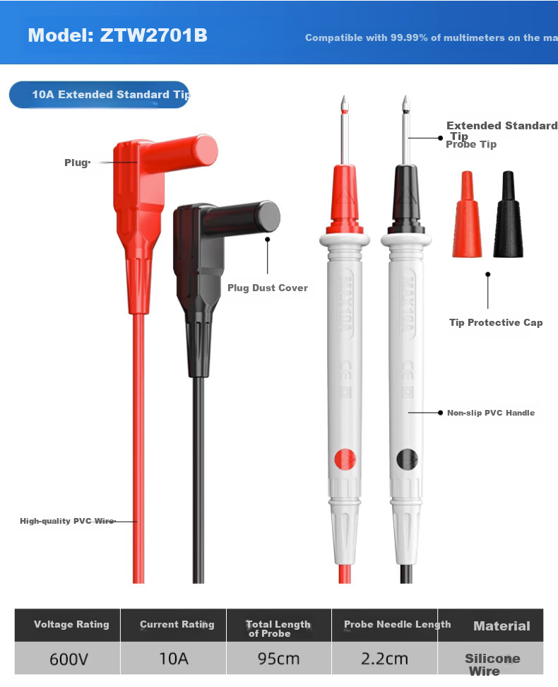 CHNT Universal Multimeter Test Leads Electric Pen Sharp Plug Steel Probe Silicone Wire Frost-Resistant Testing Pen Universal Meter Accessories 13