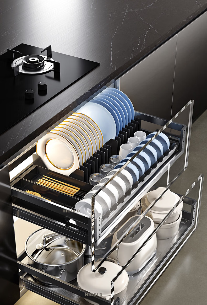HIGOLD Kitchen Cabinet Pull-Out Basket 304 Stainless Steel Double-Layer Drawer Dish Rack Storage Shelf 2