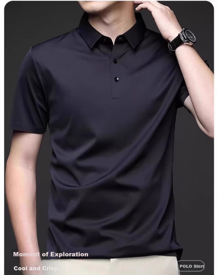 Romon Ice Silk Seamless Short Sleeve T-Shirt Men Summer Thin Business Polo Shirt Black XL 2