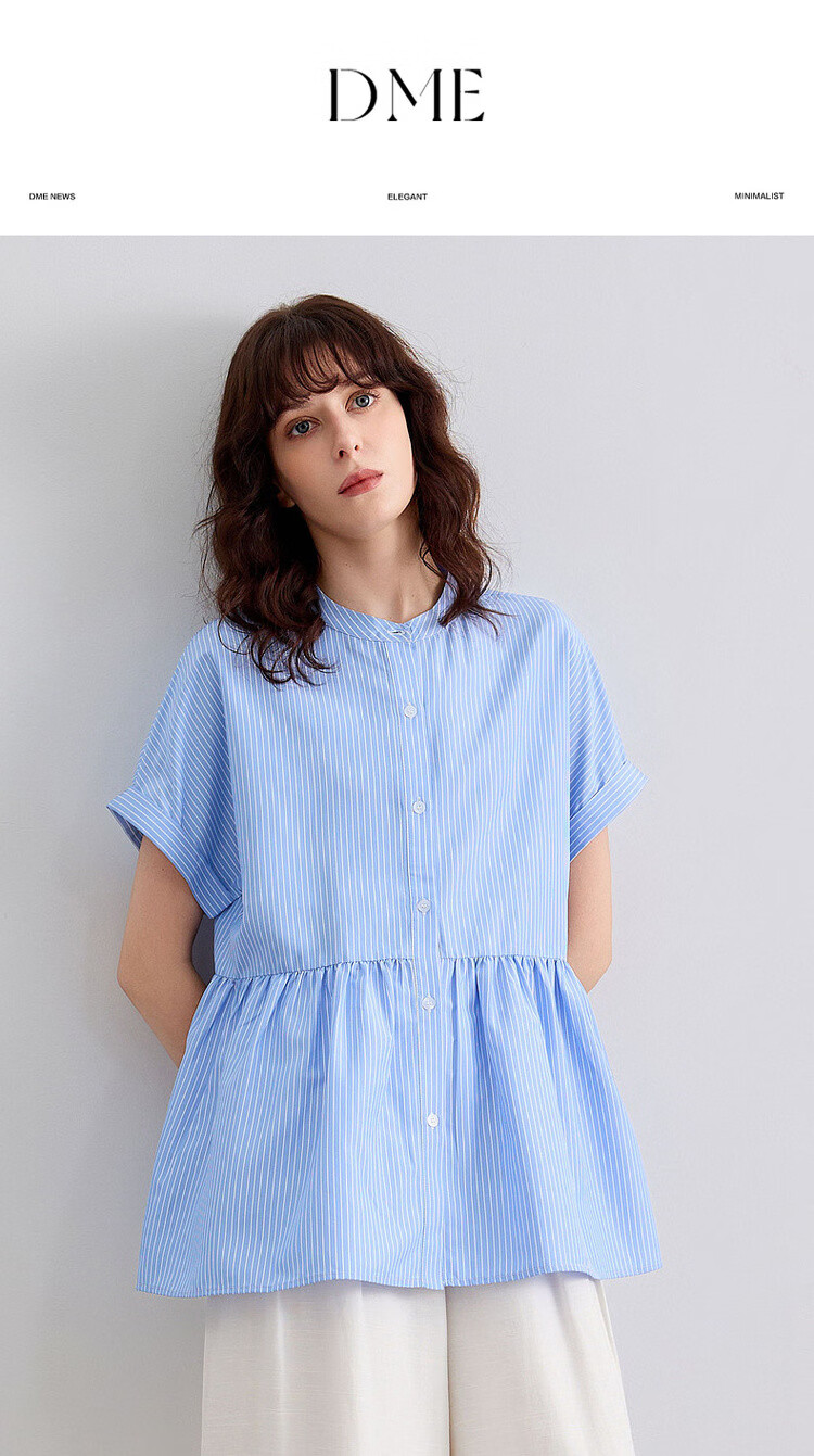 Demana Commuter Aesthetics Summer Refreshing Color-Block Striped Stand Collar Loose Fit Short Sleeve Shirt Women's Top 1