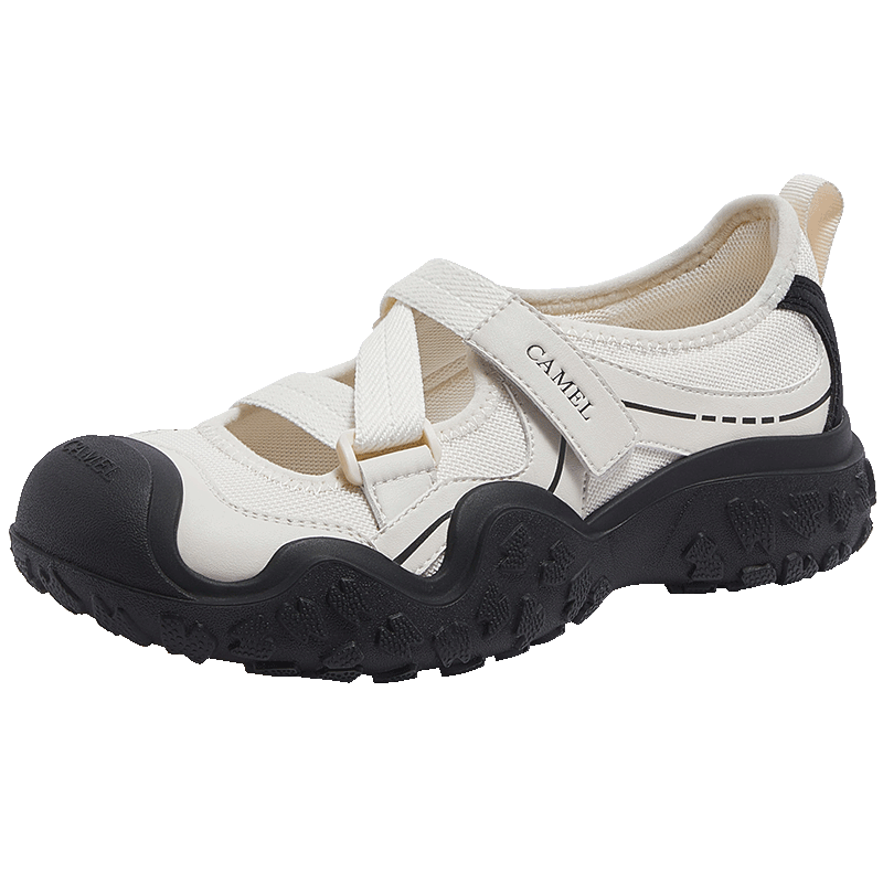CAMEL Cute Ugly Style Women's Lightweight Outdoor Hook and Loop Hollow Thick Sole Casual Sandals L26S469185 Off-White/Black 36