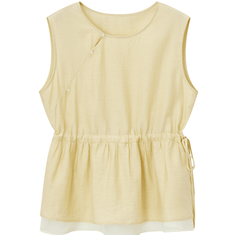 Demana [With Linen] Summer National Style New Chinese Round Neck Asymmetric Double-Layer Spliced A-Line Slimming Shirt for Women Premium Feel