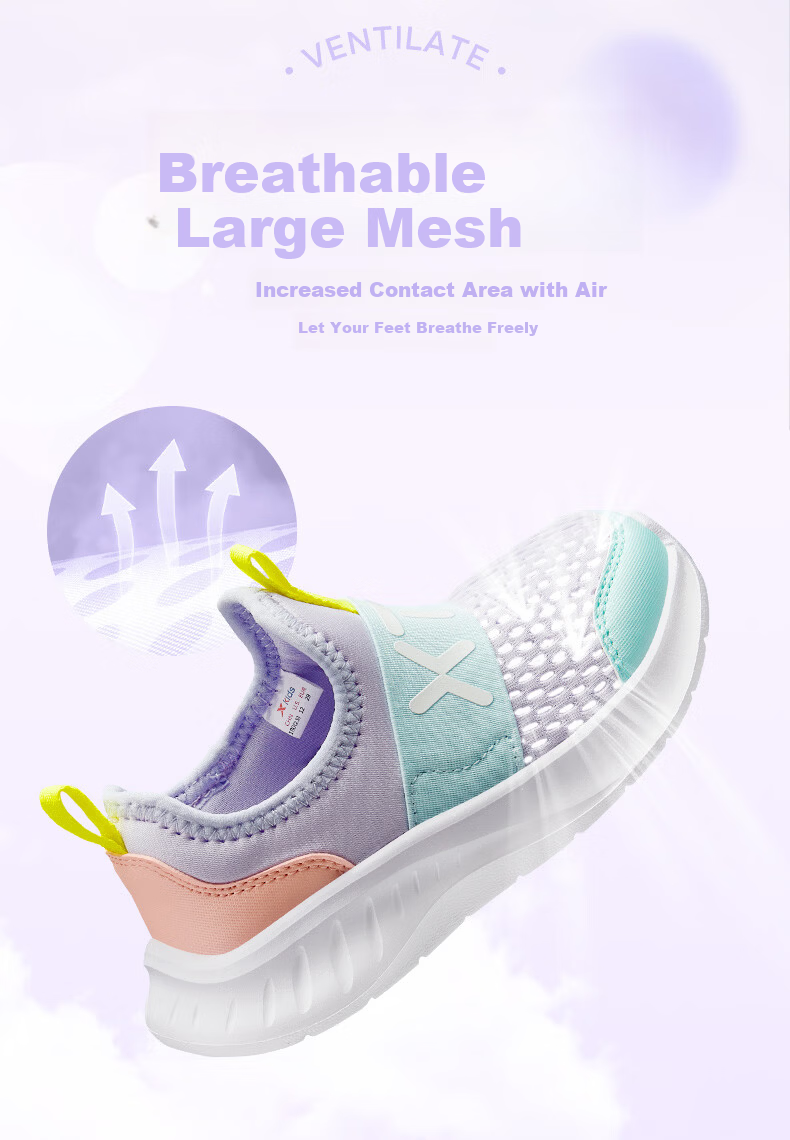 XTEP Children's Shoes, Girls' Sneakers for Older Kids, Breathable Mesh Slip-On Running Shoes, Snow Purple/Foam Blue 2, Size 39 3
