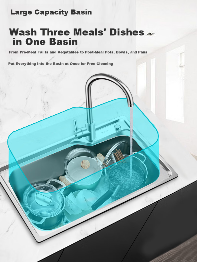 Cobbe Japanese Style 0 Coating Grain Texture Scratch-Resistant Kitchen Sink Single Bowl with Strainer 304 Stainless Steel Integrated Basin 6