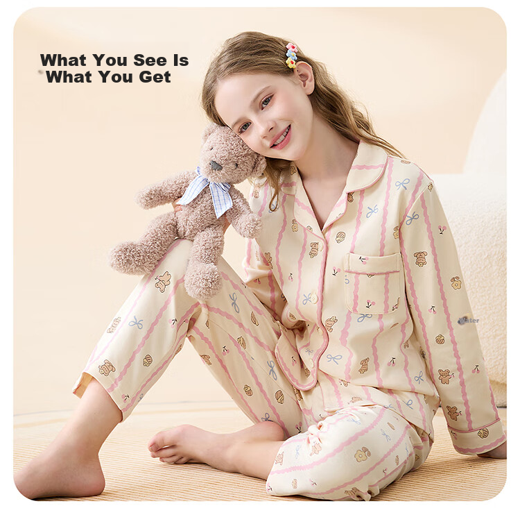 Hodo Children's Pajama Cardigan 100% Cotton Spring Autumn Long Sleeve Class A Big Kids New Girls Long Sleeve Homewear Set 12