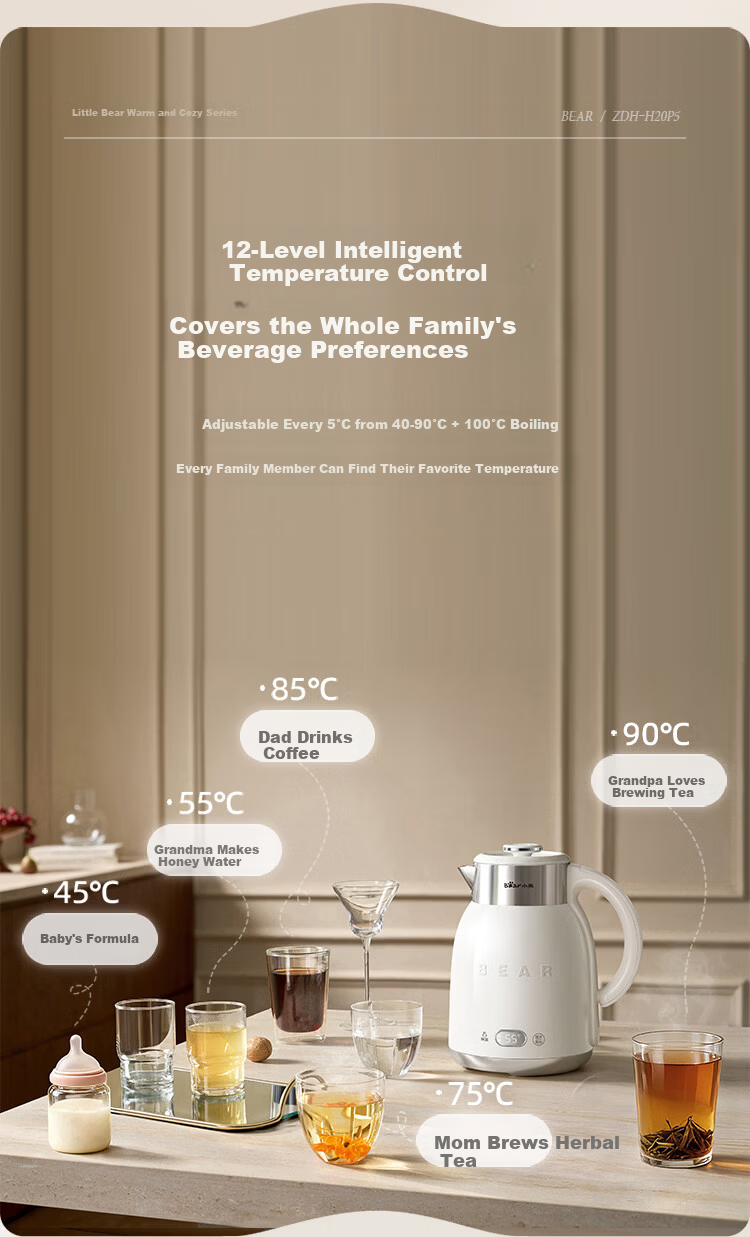 Bear Electric Kettle with Temperature Control 316L Stainless Steel Seamless Inner Liner Multi-Stage Insulation Household 2L Large Capacity Thermostatic Kettle ZDH-H20P5 8
