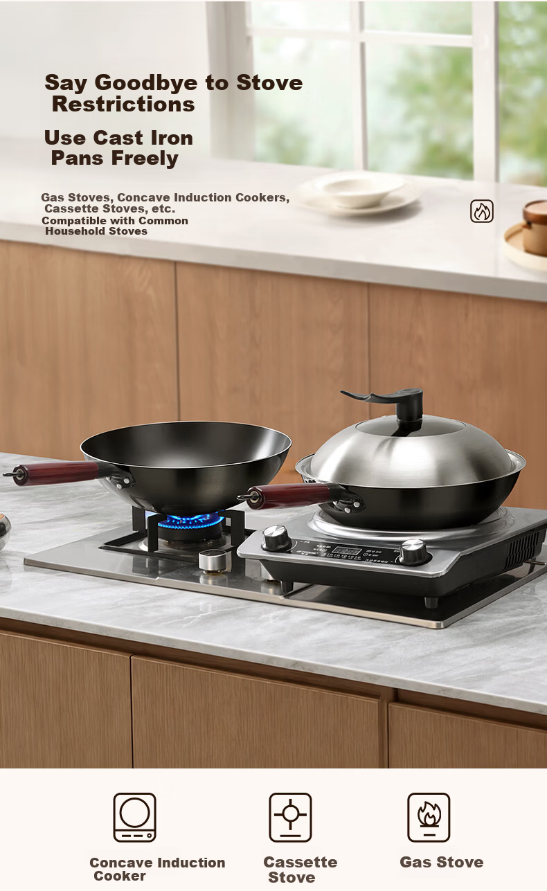 Sacon Zhangqiu Handmade Iron Wok Traditional Round Bottom Stir-Fry Pan No Coating Gas Stove Ready-to-Use 32cm 13