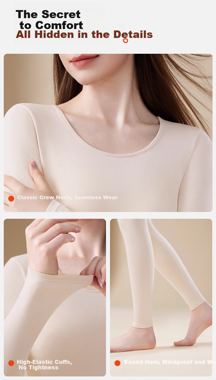 Caiyue Women's Cotton Thermal Underwear Set 10A Antibacterial Thin Round Neck Warm Elastic Comfortable Base Layer 8