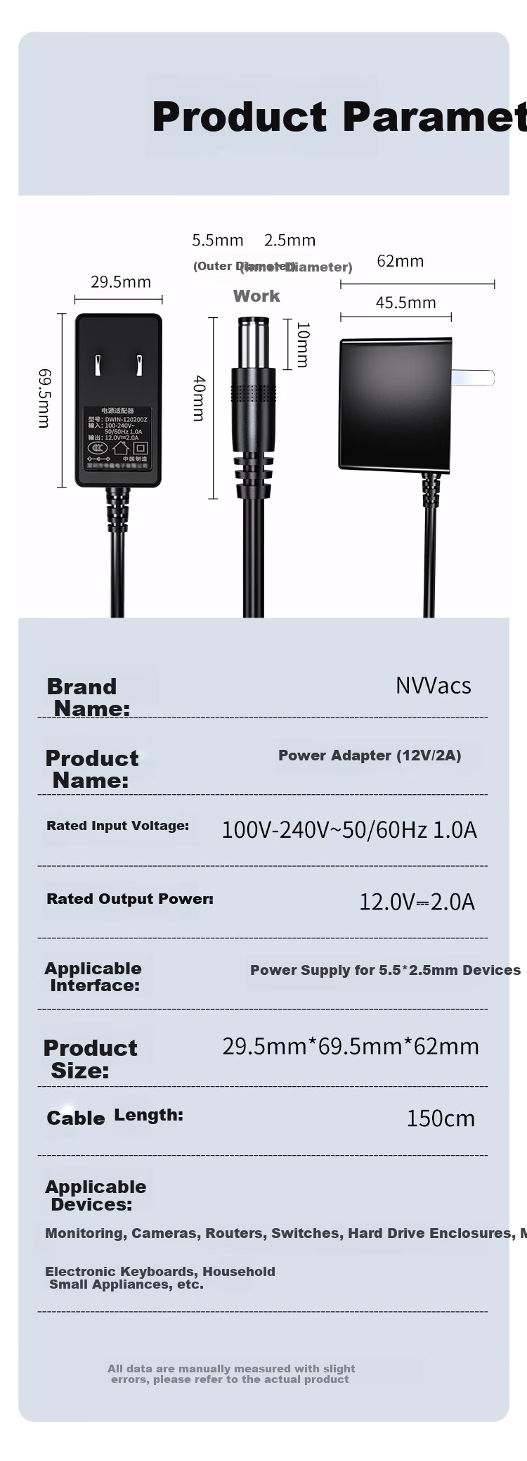 NVV 5V1A Power Adapter Compatible with Hard Drive Enclosures, Set-Top Boxes, Routers, Surveillance Devices, Optical Modems, Fiber Optic Transceivers DC Connector 5.5*2.5mm Universal Round Hole Charger 10