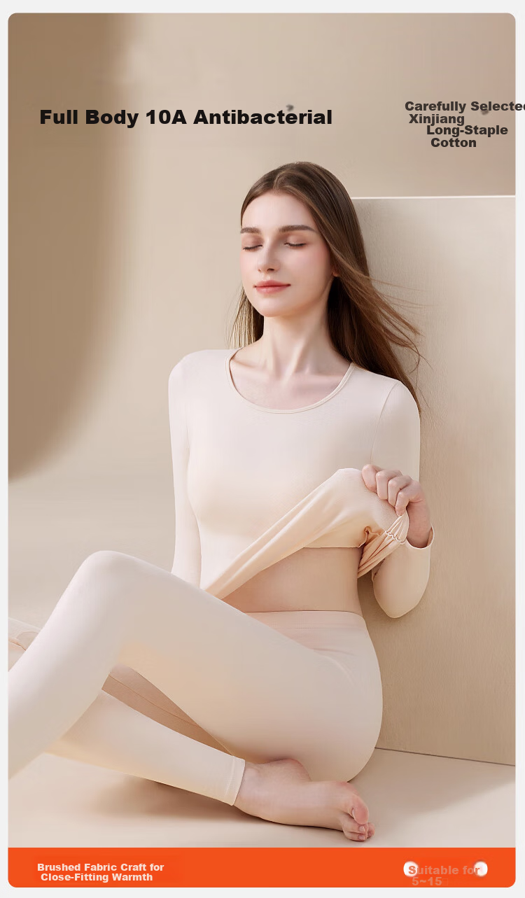 Caiyue Women's Cotton Thermal Underwear Set 10A Antibacterial Thin Round Neck Warm Elastic Comfortable Base Layer 1