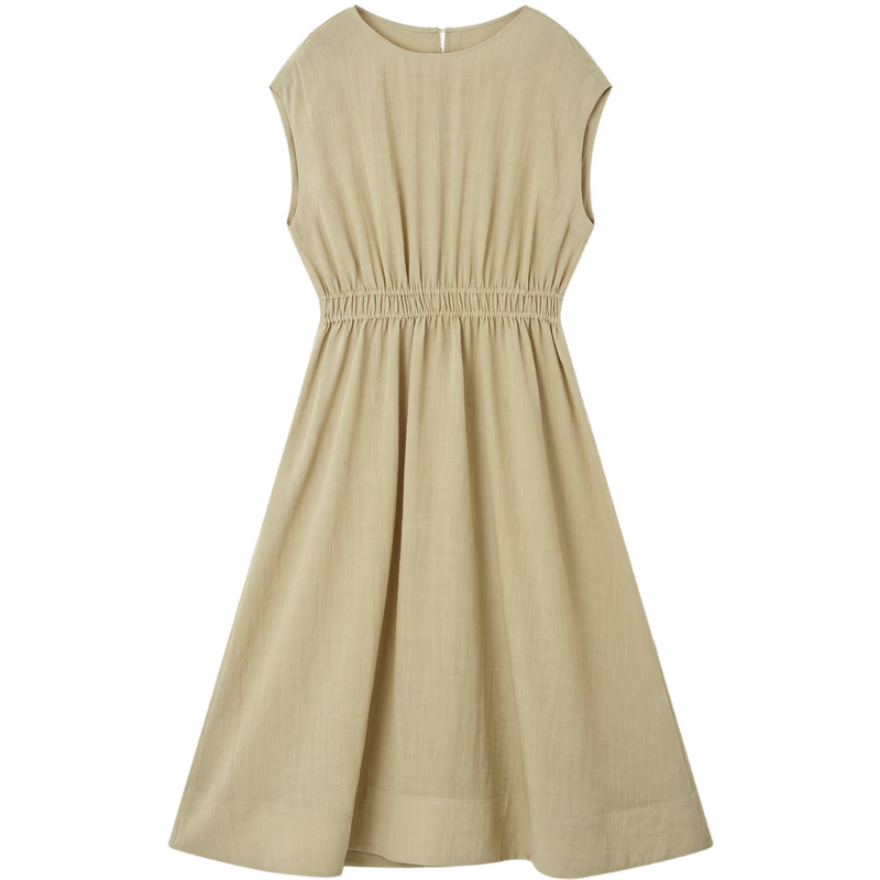 Demana [Elegance Companion] Summer Commuter Style Round Neck High Waist Cap Sleeve Lightweight Draped Mid-Length Women's Dress