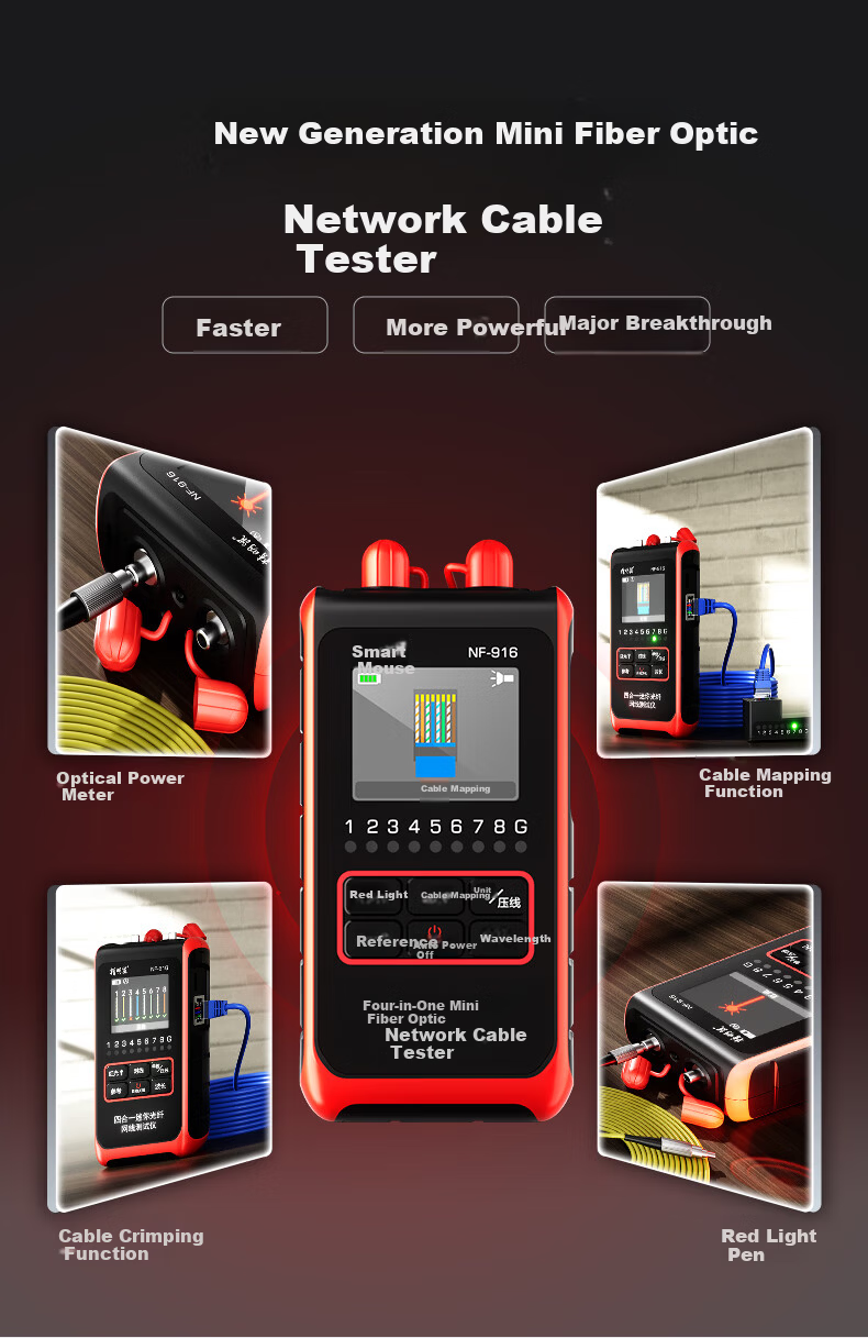 Smart Mouse NF-916 Mini Fiber Optic Network Cable Tester 4-in-1 2.5mm Optical Power Meter Red Light Pen 3