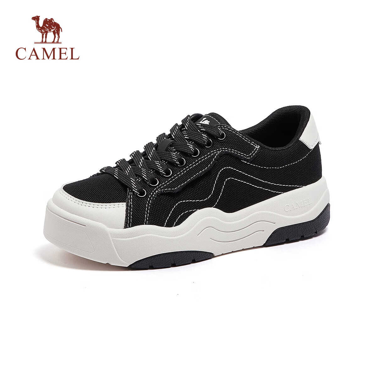 CAMEL Women's Thick-Soled Canvas Sneakers Color-Block Platform Casual Shoes L26S469067 Black Size 35