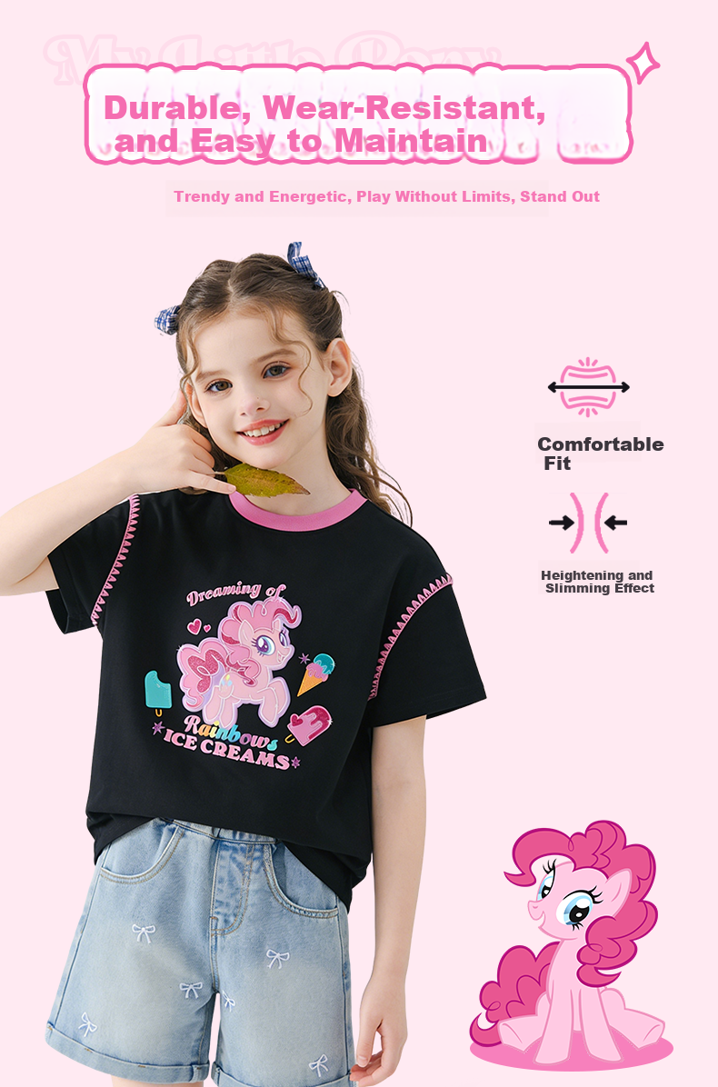 My Little Pony Girls' Short Sleeve T-Shirt 2026 New Color-Block Shell Embroidery Top Cooling Half Sleeve White 110 9