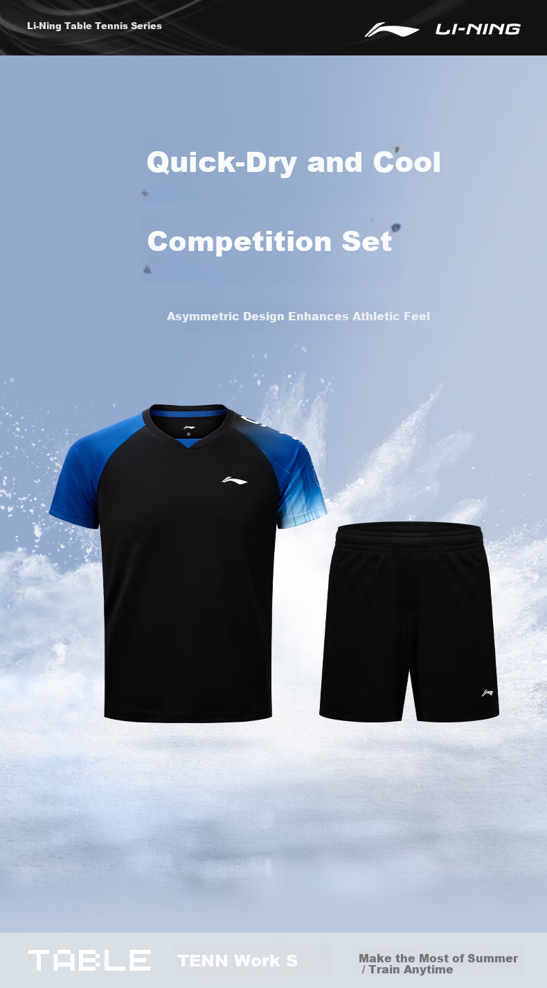 LI-NING Unisex Table Tennis and Badminton Quick-Dry Breathable Sports T-Shirt Set Fresh Blue 1