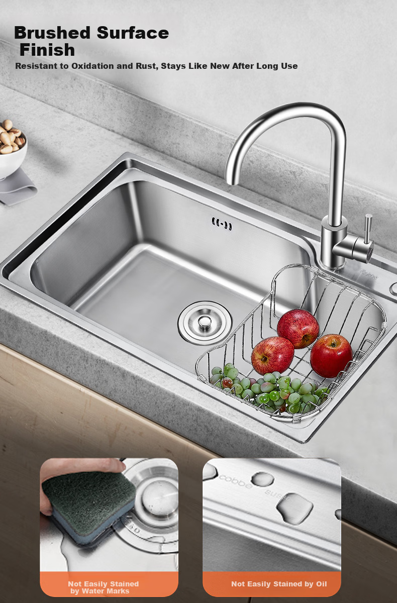 Cobbe Japanese Style 0 Coating Grain Texture Scratch-Resistant Kitchen Sink Single Bowl with Strainer 304 Stainless Steel Integrated Basin 7