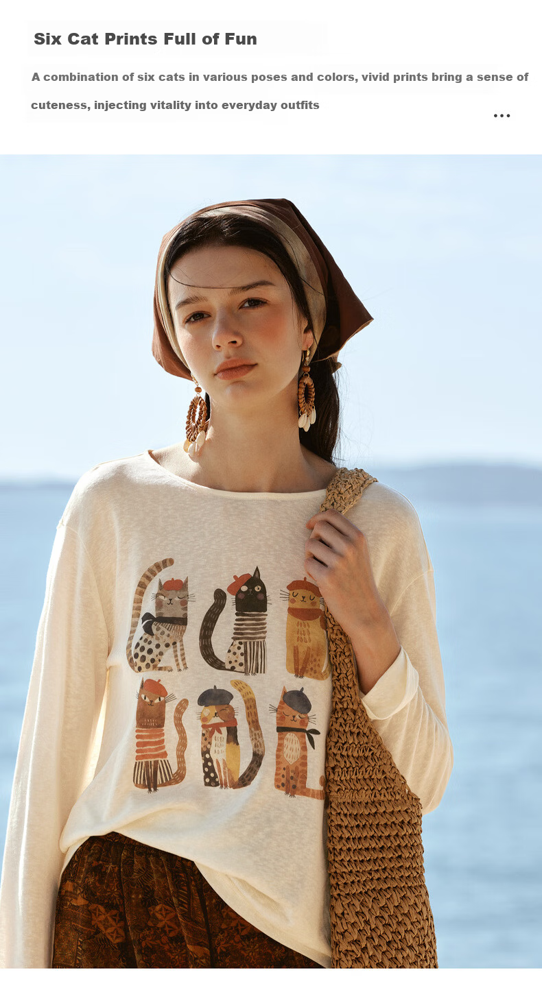 Olrain Tencel Casual Cat Print Long Sleeve T-Shirt Women Summer Large Round Neck Drop Shoulder Top Apricot L 9