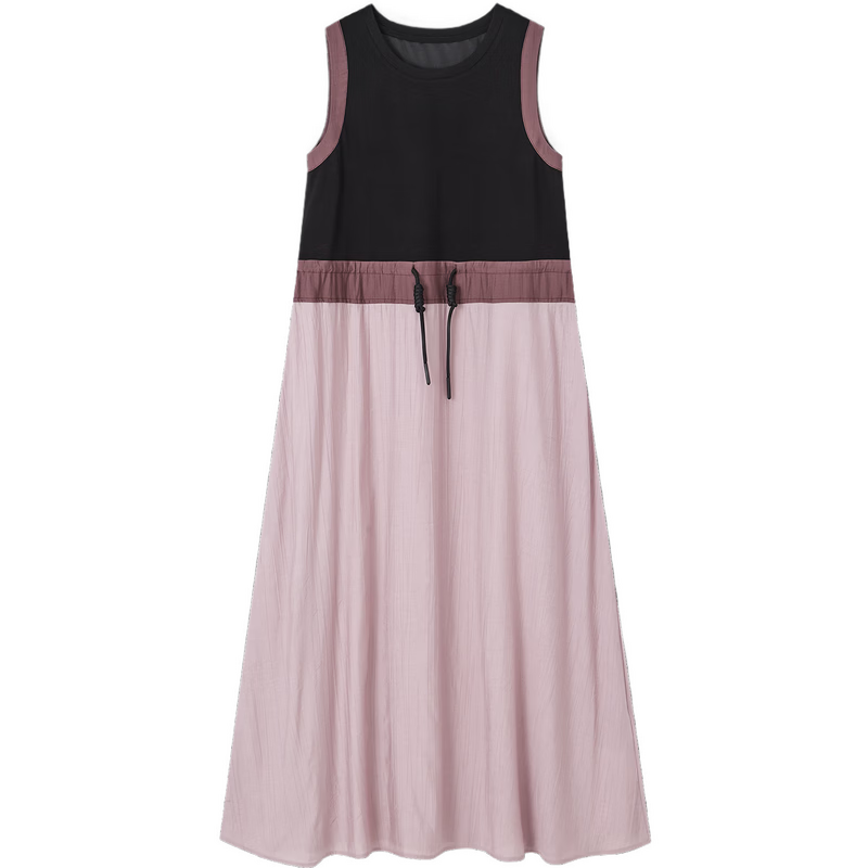 MT Relax Trio Summer Urban Colorblock Drawstring Crew Neck Sleeveless T-Shirt Style Long Dress for Women