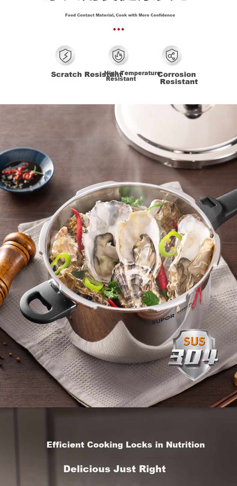 SUPOR Pressure Cooker 304 Stainless Steel Thickened Explosion-Proof Safe Large Capacity 22cm Pressure Cooker for Gas and Induction Cookers 5
