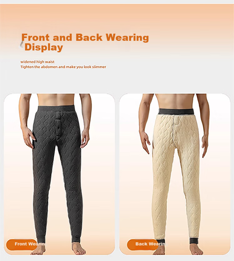 Langsha 100% Wool Men's Autumn Winter Fleece Lined Thickened Lamb Wool Thermal Pants High Waist Knee Protection Extra Thick Base Layer Pants Northeast Style 13