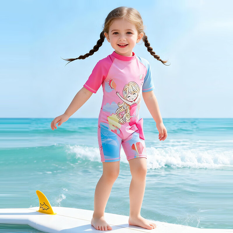 9i9 Kids Girls One-Piece Hooded Mermaid Fairy Tale Sun Protection Quick-Dry Hot Spring Swimsuit B102 Peach Pink 2XL