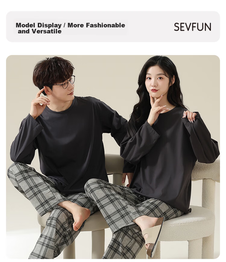 Seven Color Spinning 7A Mite-Removing Antibacterial Pure Cotton Couple Pajamas Women's Homewear Crew Neck Pullover with Chest Pad Spring, Size M 8