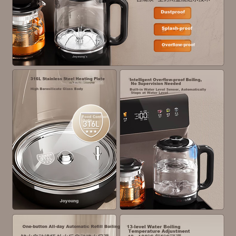 Joyoung Tea Bar Machine Fully Automatic Refill 316L Multi-Temperature Adjustable Electric Kettle JD Self-Operated Anti-Overflow Anti-Dry Boil Antibacterial Water Dispenser AH3226 3