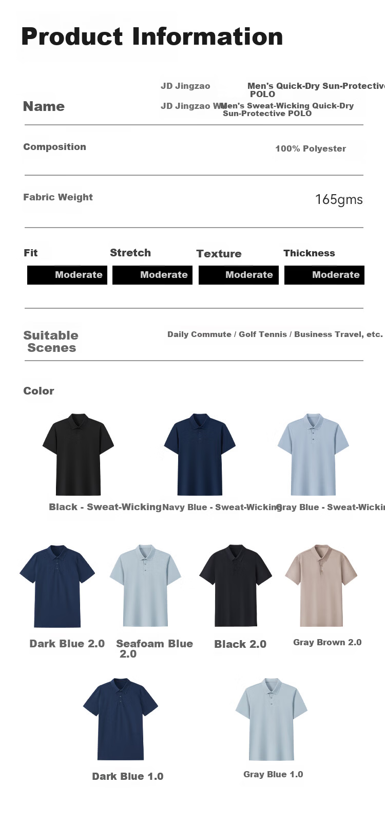 JD Original 300 Sun Protection Quick-Dry Summer Sports T-Shirt, Men's Polo Shirt, Casual Running Short Sleeve, Gray Blue - Upgraded Version, M 17
