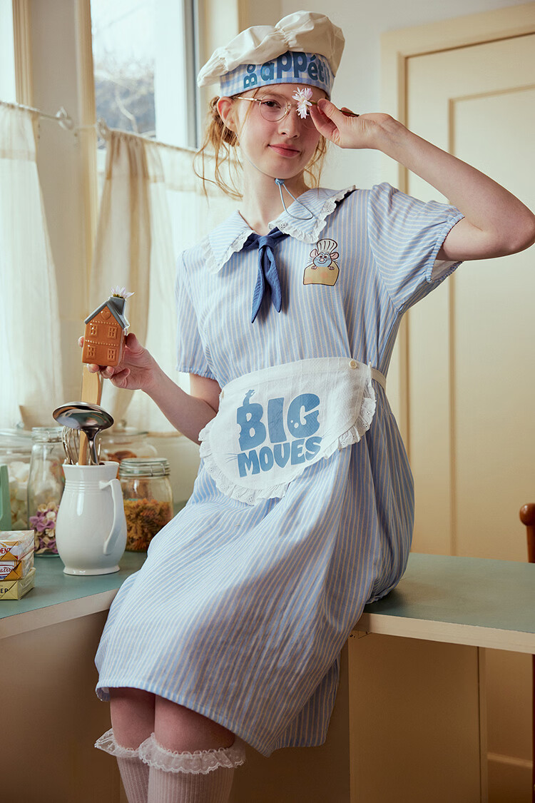 Gukoo Women's Summer Pajamas Ratatouille Doll Collar Nightdress Pure Cotton Jumpsuit Homewear Set Light Mist Blue S 25