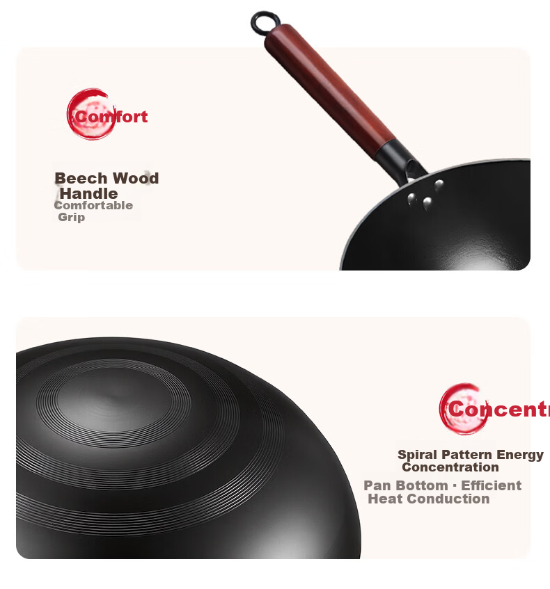 Sacon Zhangqiu Handmade Iron Wok Traditional Round Bottom Stir-Fry Pan No Coating Gas Stove Ready-to-Use 32cm 15