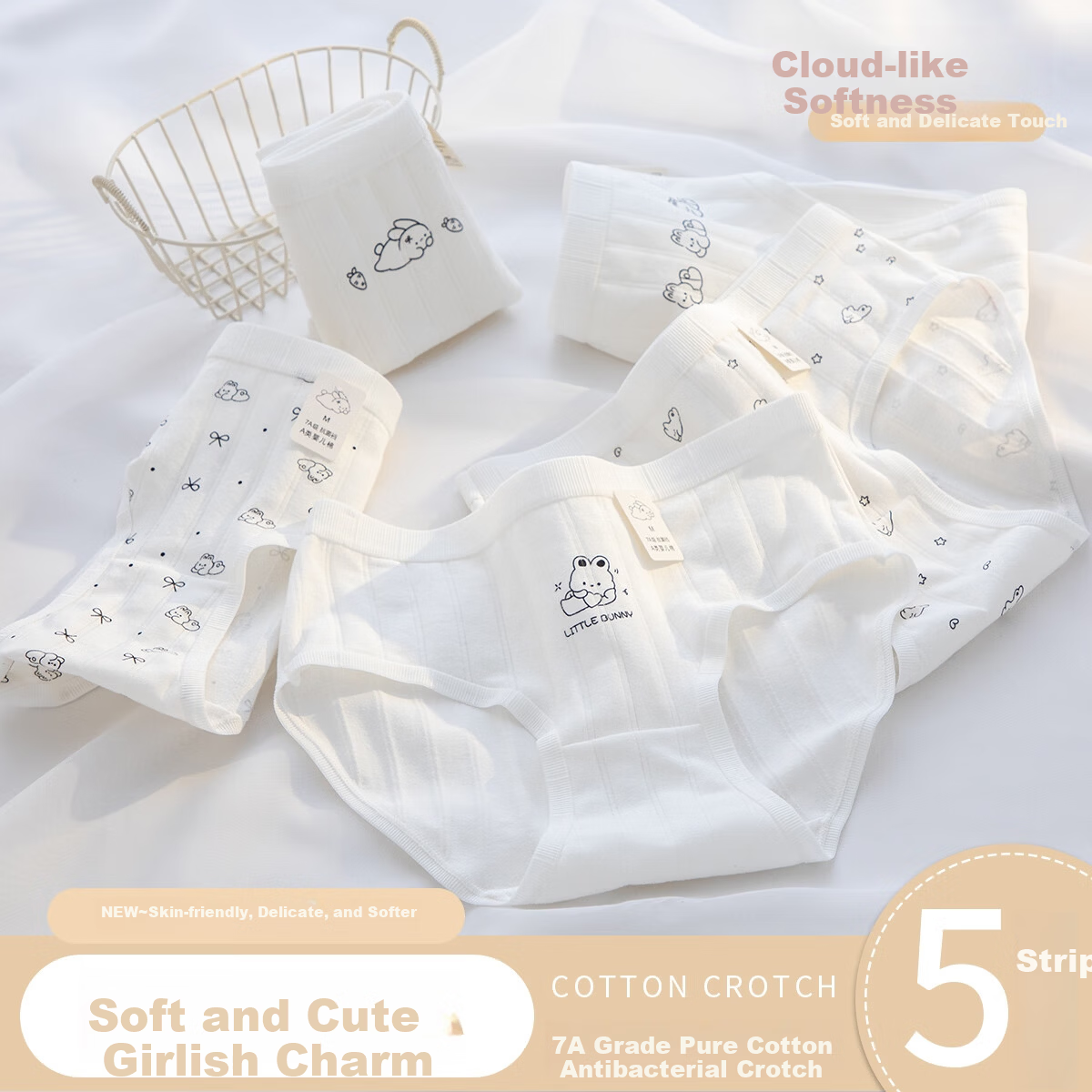 Yunxiangyi Girls' Underwear 5-Pack 100% Cotton Antibacterial Kids' Underwear All-Season Skin-Friendly XL Size