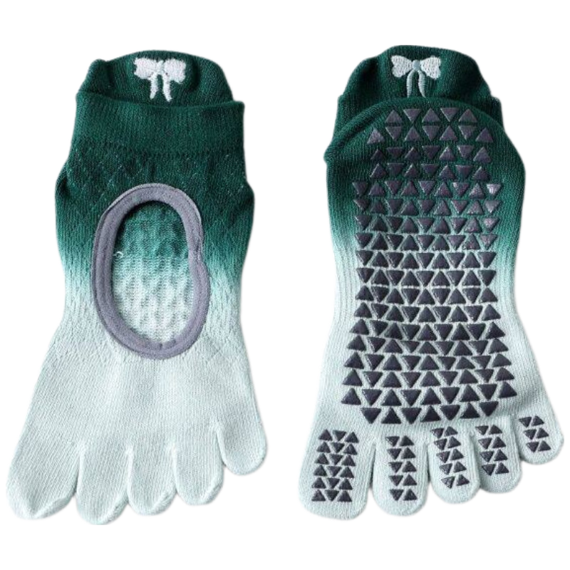Duweike Five-Toe Non-Slip Yoga Socks for Women, Toe-Separating Pilates Socks, Open Toe, 2 Pairs (Green + White)
