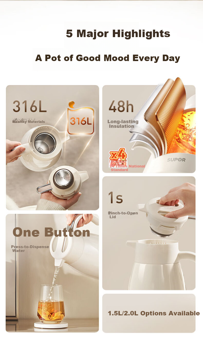 Supor 316L Stainless Steel Insulated Thermos Flask 2L Cream White Large Capacity Home Office Hot Water Bottle 2