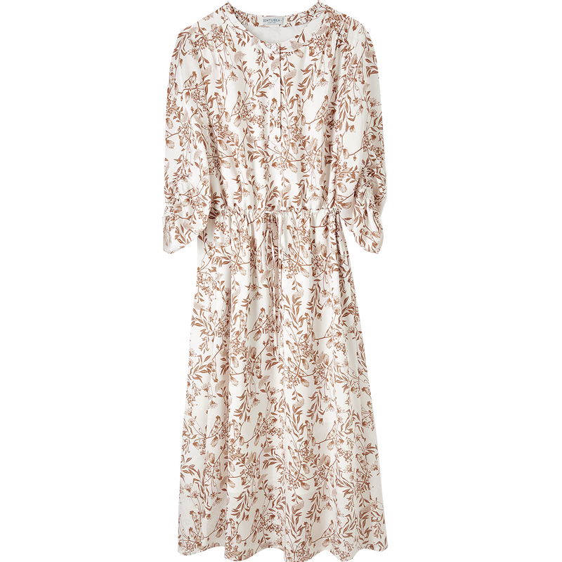 Sentubila New Chinese Style National Wind Dress Summer Blue and White Porcelain Print Elegant Waist Slimming Dress White Base Orange Flower XL
