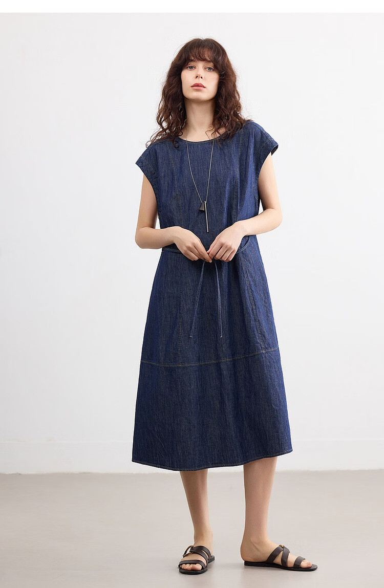 Demana Oxygen Pure Cotton Summer Vintage Washed Sleeveless Tailored Slim Fit Denim Mid-Length Dress for Women 16