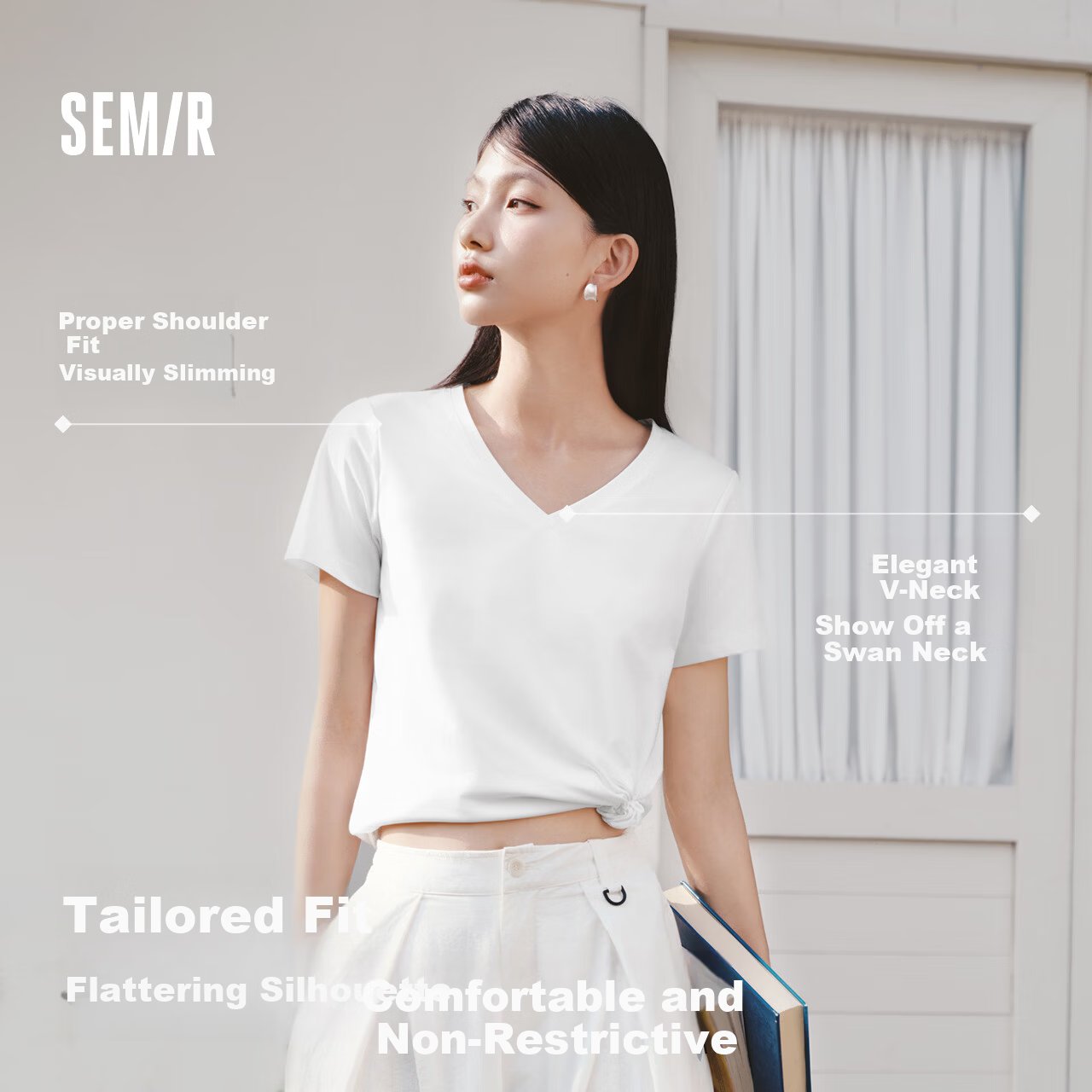 Semir Cooling Short Sleeve T-Shirt Women Summer Solid Color V-Neck Shoulder Moisture-Wicking Quick-Dry Antibacterial Top 2026 109326100002