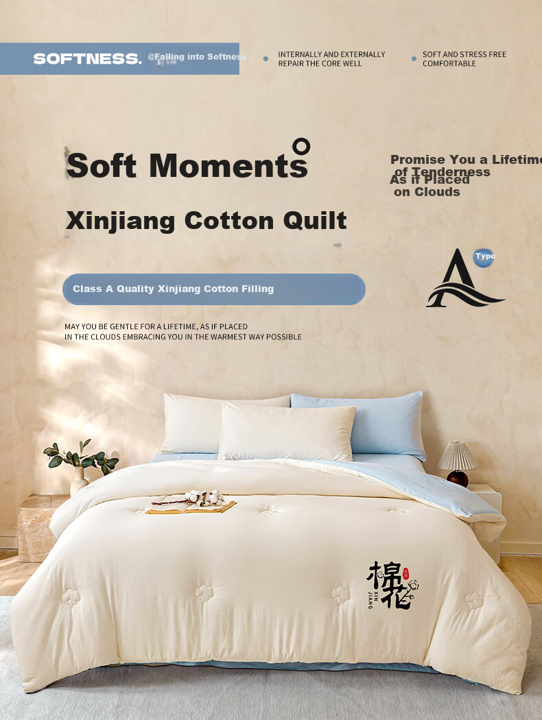 Grace 10A Antibacterial Xinjiang Cotton Quilt Double Home Use Four Seasons Cotton Quilt Core Autumn Winter Quilt 200*230cm 6 Jin 1