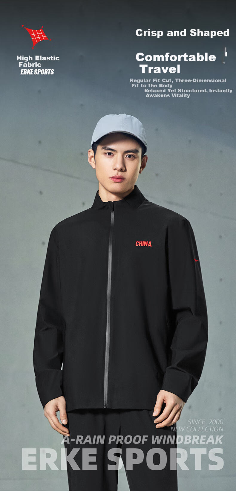 Erke Men's Spring Jacket Cycling Coat Stand Collar Slim Fit High Elastic Running Windbreaker Dark Color Men's Top 7