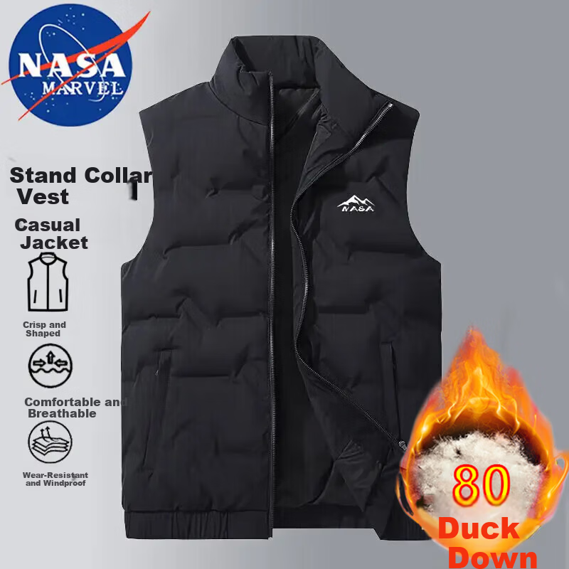 NASA MARVEL Men's Winter Down Vest Short Sleeveless Down Jacket Warm Black 2XL